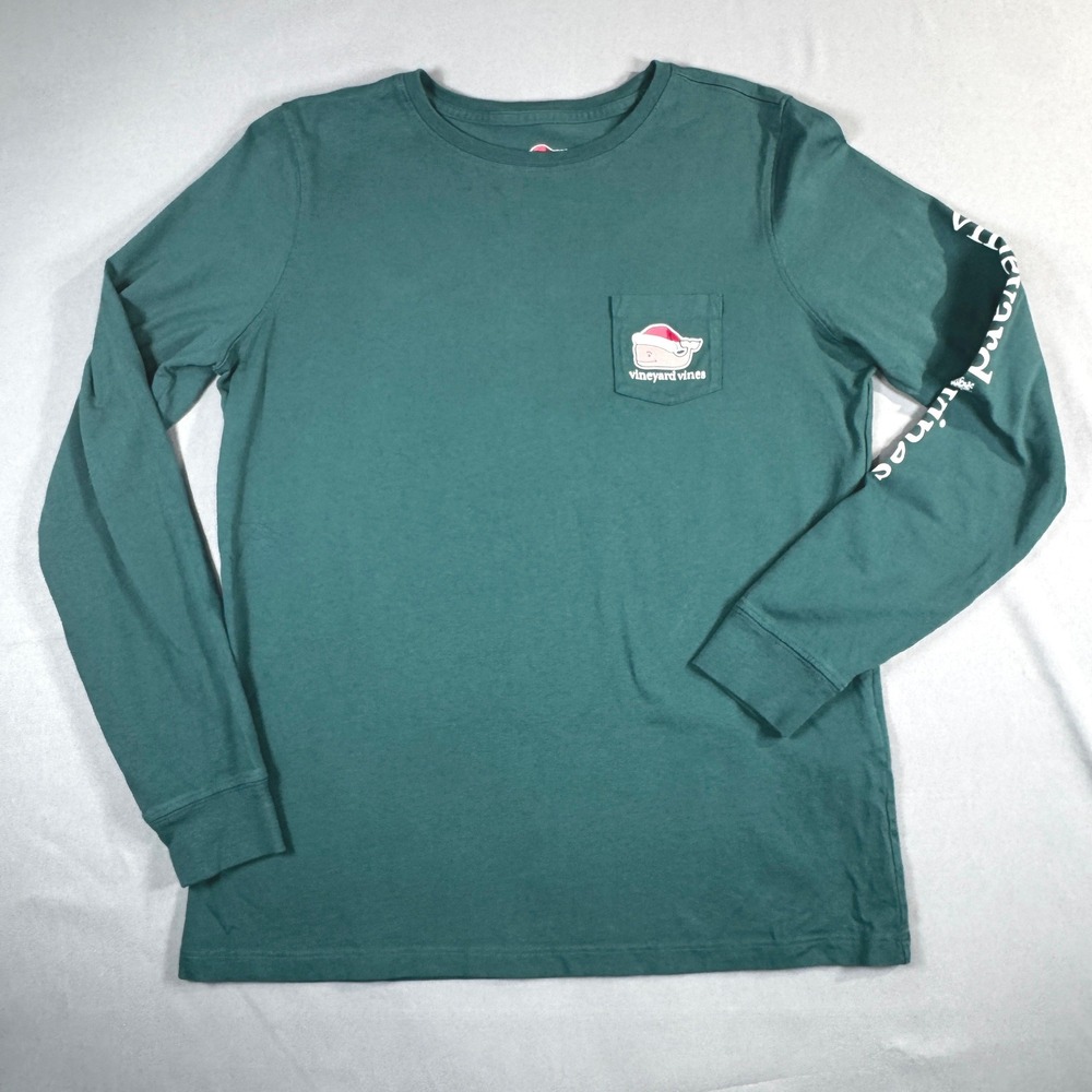 Vineyard Vines Women M Green Christmas Santa Whale Long Sleeve Pocket Tee Preppy